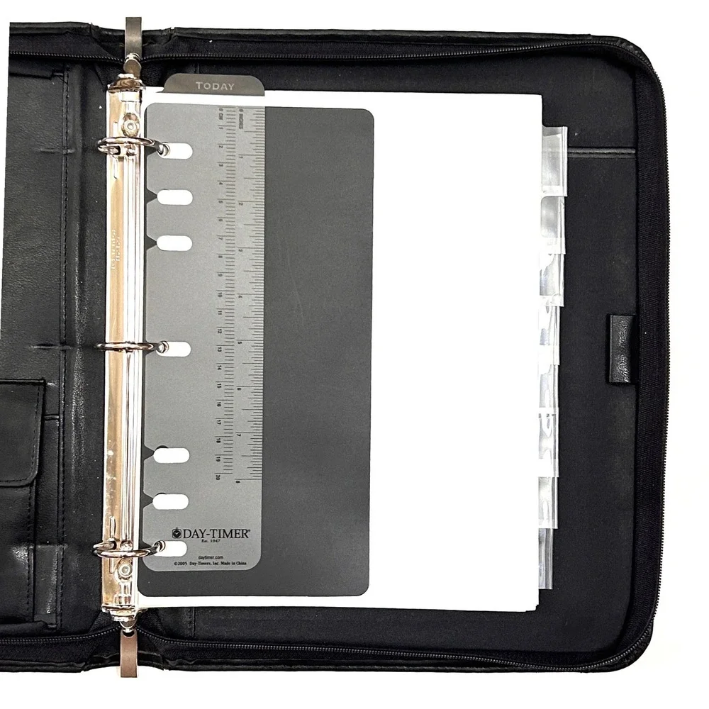 VTG 90s Day-Timer Leather 3 Ring Planner Folio Briefcase Hideaway‎ Handles Black